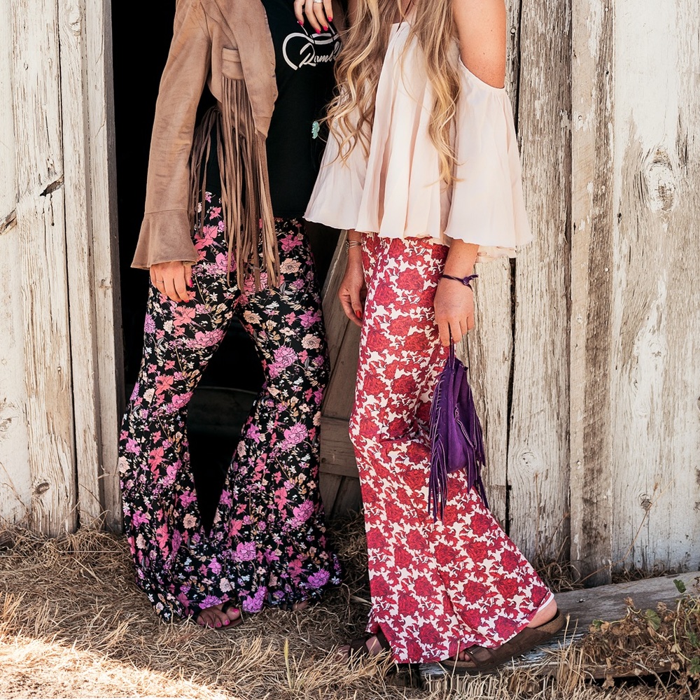 Boho tan and deep red floral bell bottoms